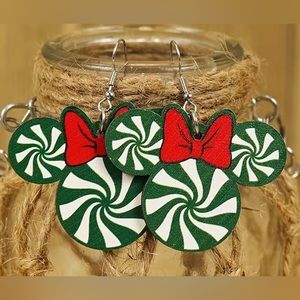 Disney’s Green and White Peppermint Swirl Minnie Mouse Dangle Earrings.